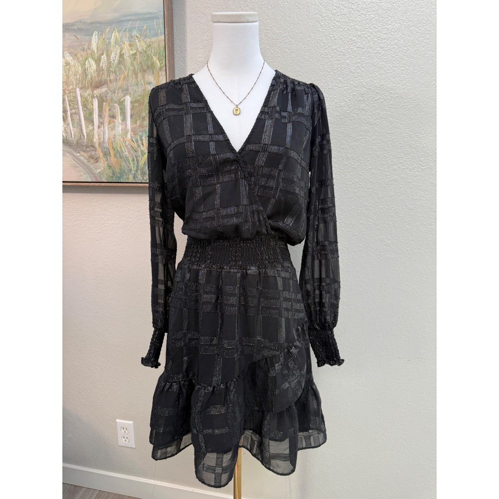 Michael Kors Black Silver Metallic Plaid Smocked Waist Ruffle Mini Dress S